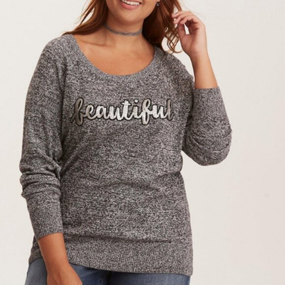 TORRID Sequin "Beautiful" Raglan Grey Cotton  Sweater Size 1 - Picture 2 of 12